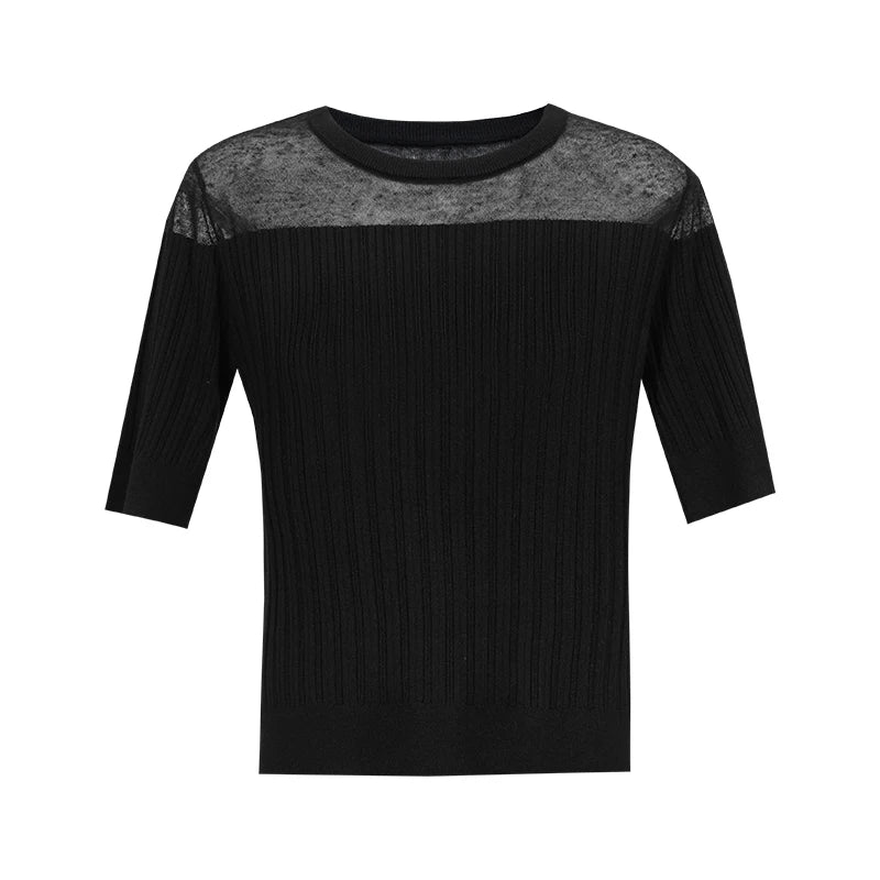 Damen-Stricktop, schwarz, Rundhalsausschnitt mit transparentem Oberteil-Einsatz