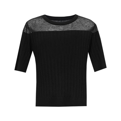 Damen-Stricktop, schwarz, Rundhalsausschnitt mit transparentem Oberteil-Einsatz