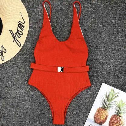 Damen-Badeanzug gerippt High-Cut Gürtel Monokini 6 Farben