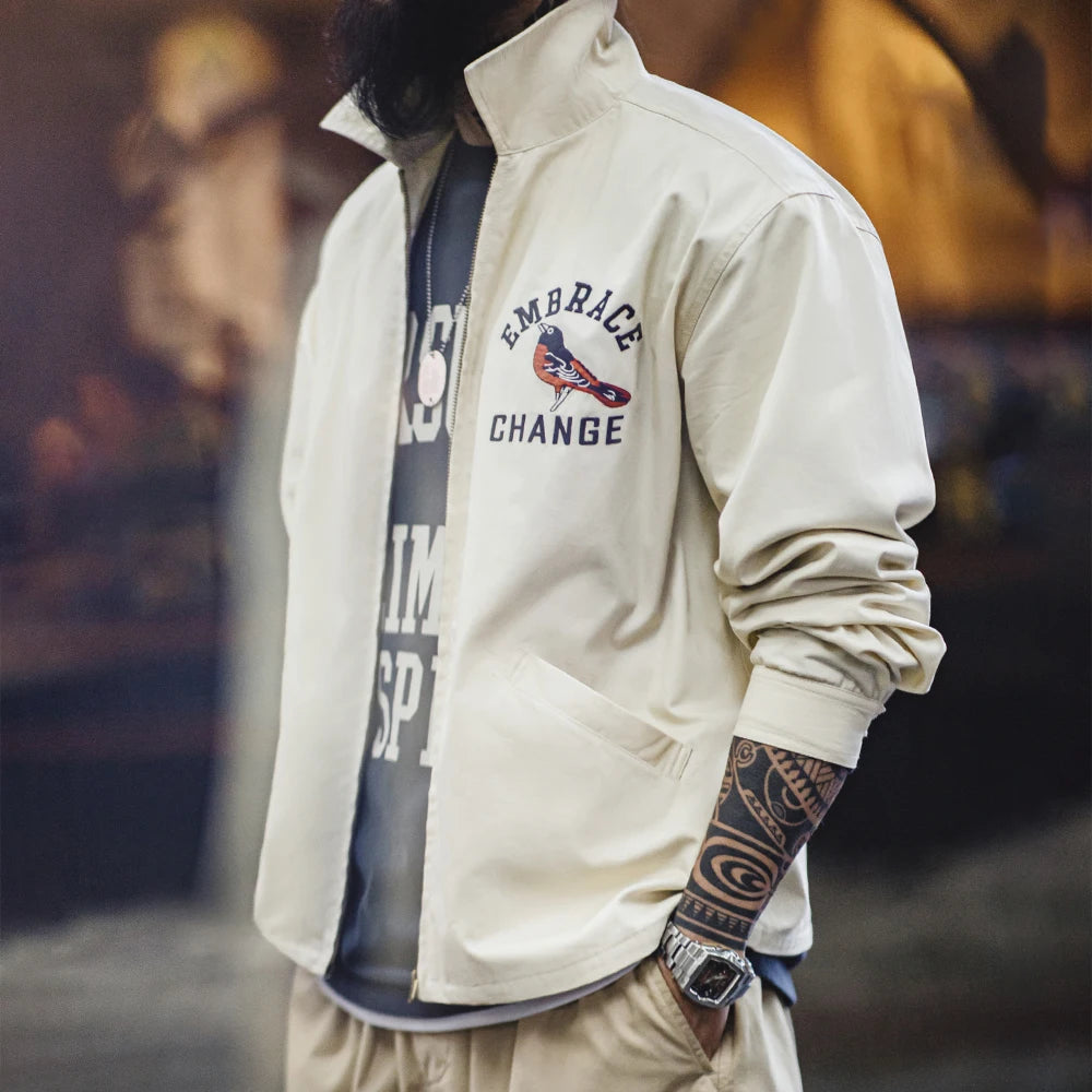 Herren Vintage-gestickte Coach-Jacke im lässigen Stil mit Reißverschluss