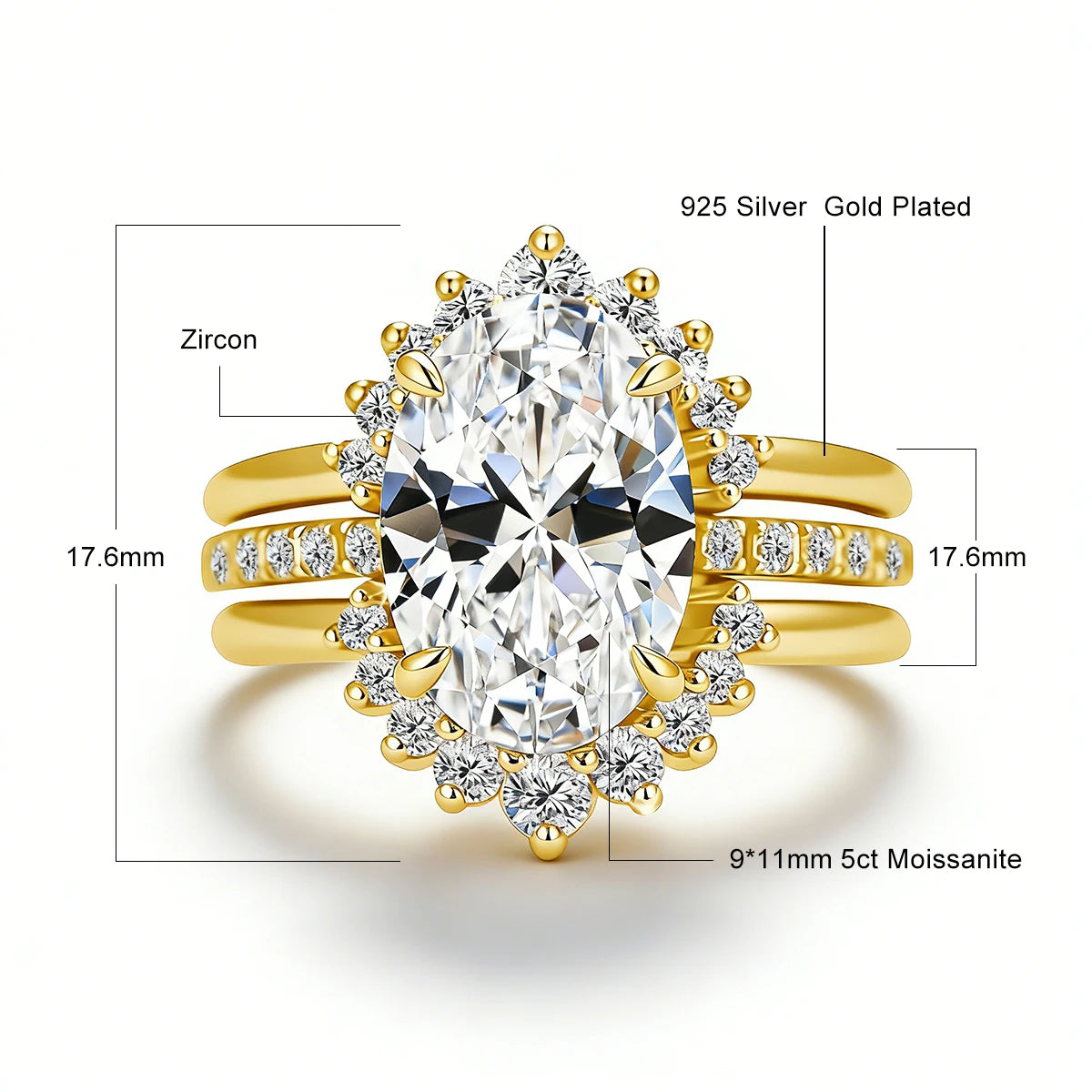 Damen-Verlobungsring-Set aus Silber mit ovalem Moissanit, 5 Karat Gesamt, 3-Teiliges Ringset, Zertifikat