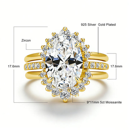 Damen-Verlobungsring-Set aus Silber mit ovalem Moissanit, 5 Karat Gesamt, 3-Teiliges Ringset, Zertifikat