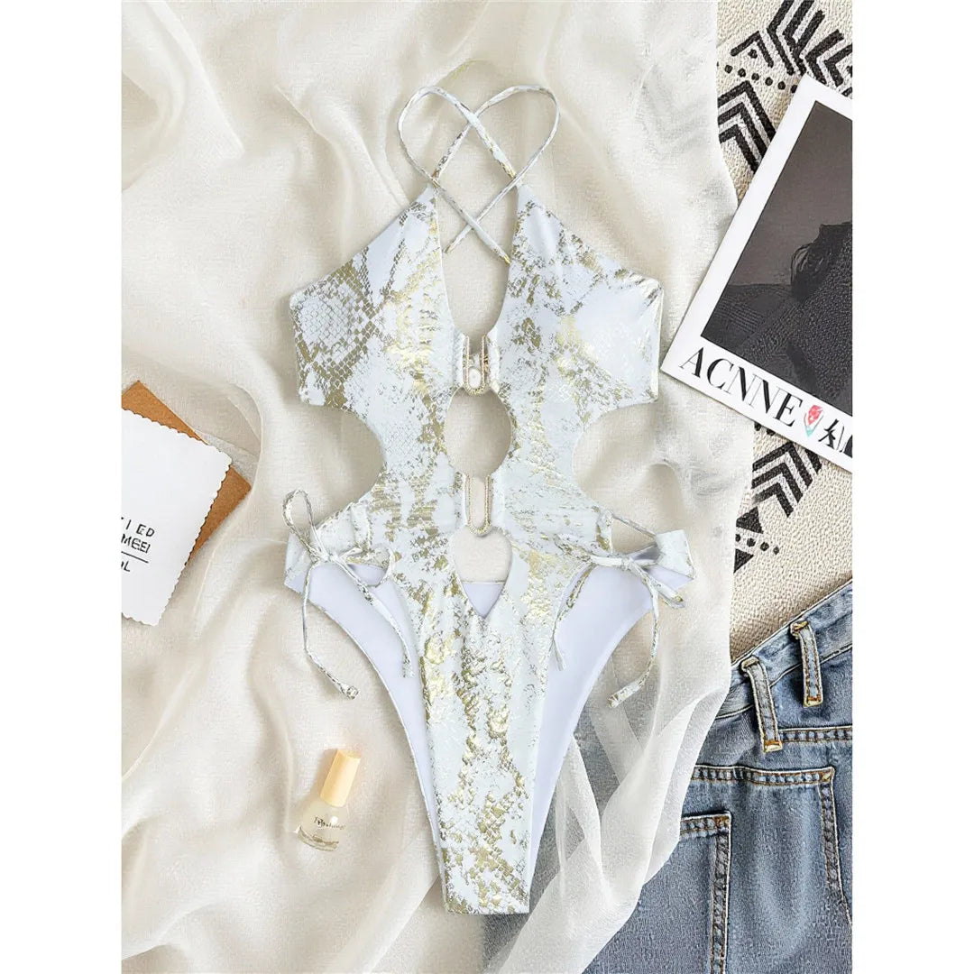 Damen-Badeanzug Schlangenhaut U-Ausschnitt Cross-Back Monokini