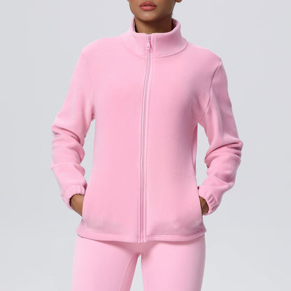 Damen-Outdoorjacke in Hellrosa, Frontansicht, durchgehender Reißverschluss, Stehkragen