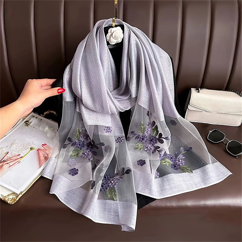 Damen Seiden-Woll Schal Blumenstickerei Hijab Frühling Sommer Pashmina Kopftuch