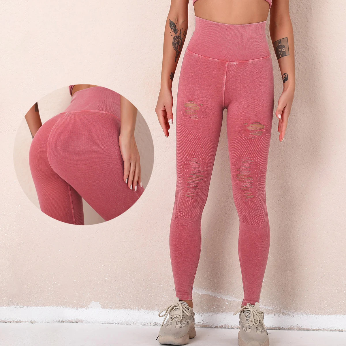 Schnelltrocknende Leggings für Damen in Pink, Vorderansicht mit Cut-outs und Gesäß-Detail