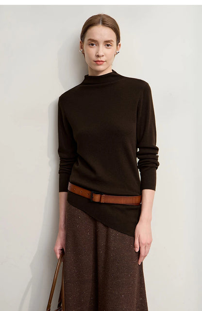 Damenpullover mit Halbrollkragen, braun/dunkel, Vorderansicht, langarm, asymmetrischer Saum