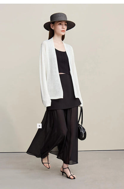 Damen-Strickjacke Lyocell V-Ausschnitt Glockenärmel Gürtel locker Frühling