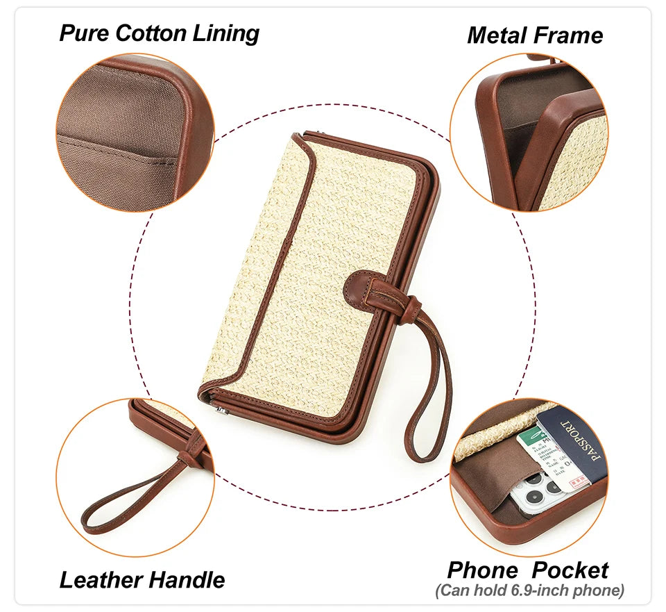 Beige Handytasche mit Lederband und Metallrahmen, innen Smartphone-Fach