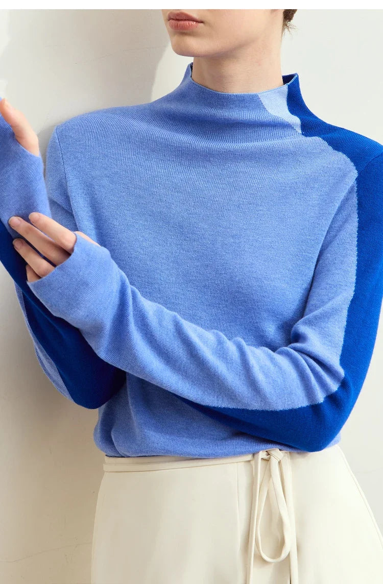 Damen-Pullover mit Stehkragen, blau mit dunklerem Ärmel- und Seiten-Colorblocking, Langarm