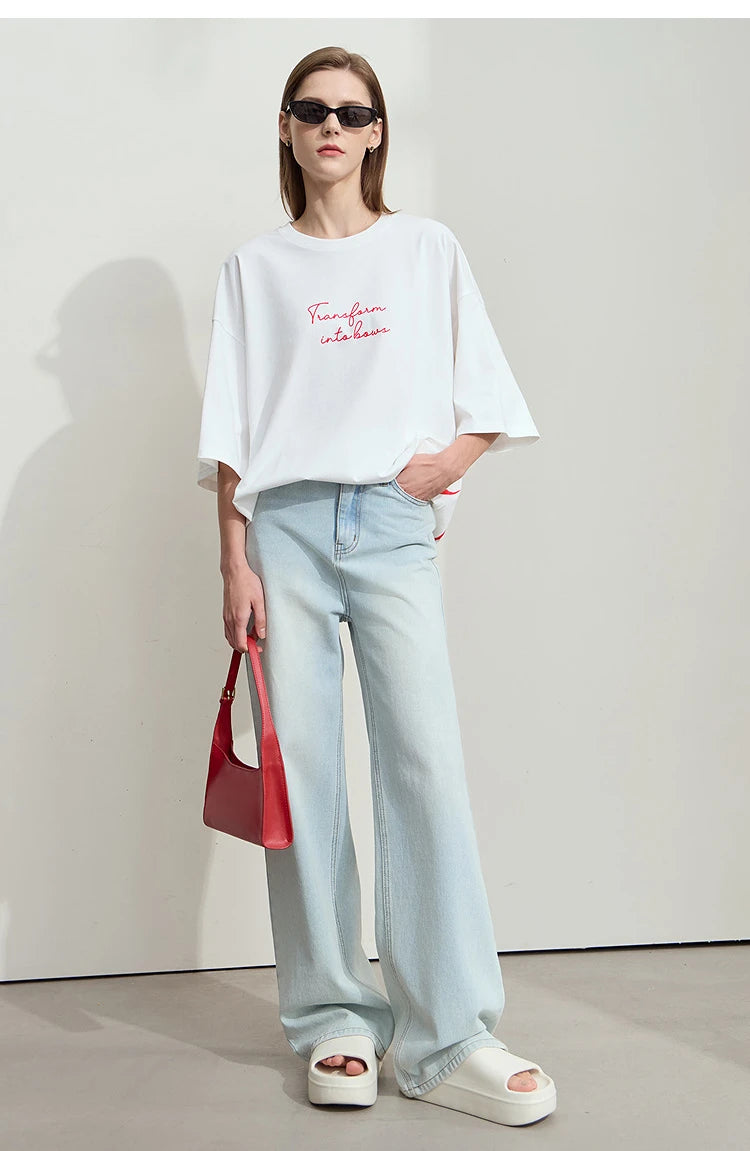 Damen T-Shirt aus ultraloch Stretch-Baumwolle mit Buchstaben-Bowknot-Aufdruck