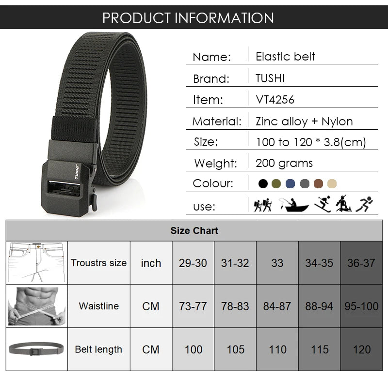 Herren-Gürtel aus elastischem Nylon mit automatischer Metallschnalle, 100–120 cm Länge