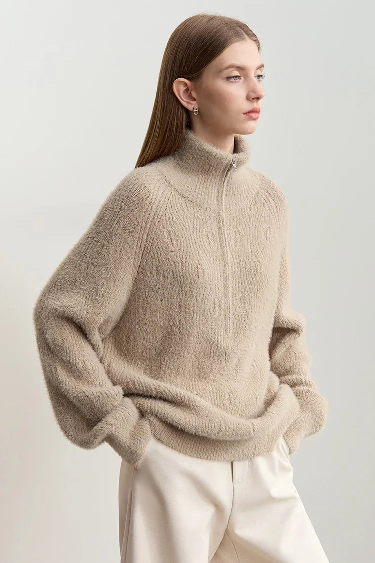 Damen-Rollkragenpullover Reißverschluss Nerz-Optik locker Winter