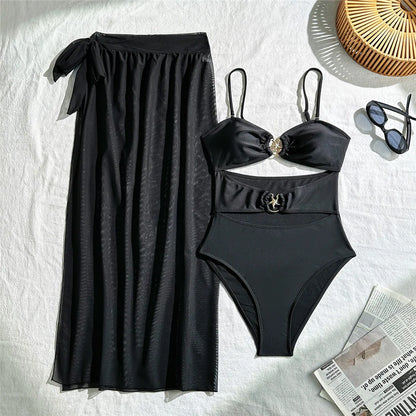 Damen Badeanzug Sarong Cut-Out Metallring verknotet hoher Beinausschnitt Monokini