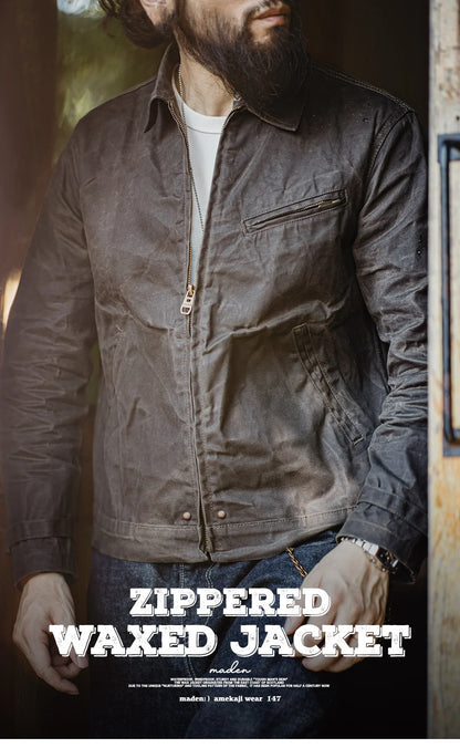 Herren Jacke Vintage IV Oil Waxed Canvas Revers Reißverschluss Taschen