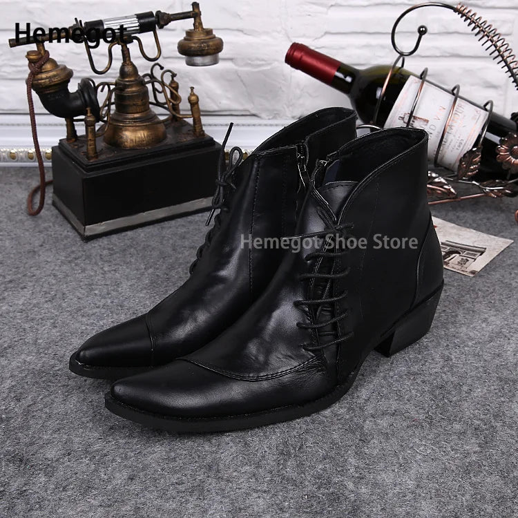 Schwarze Herren-Leder-Stiefeletten mit Schnürung, spitzer Zehenform und hohem Absatz