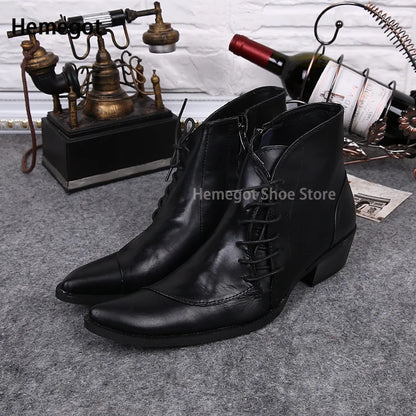Schwarze Herren-Leder-Stiefeletten mit Schnürung, spitzer Zehenform und hohem Absatz