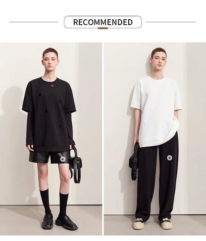 Damen T-Shirts im Minimalismus-Stil mit losem Patchwork und Dekoration