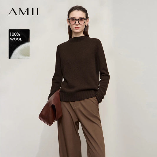 AMII Wollpullover mit Rollkragen, langarm, einfarbig dunkelbraun, lockere Passform