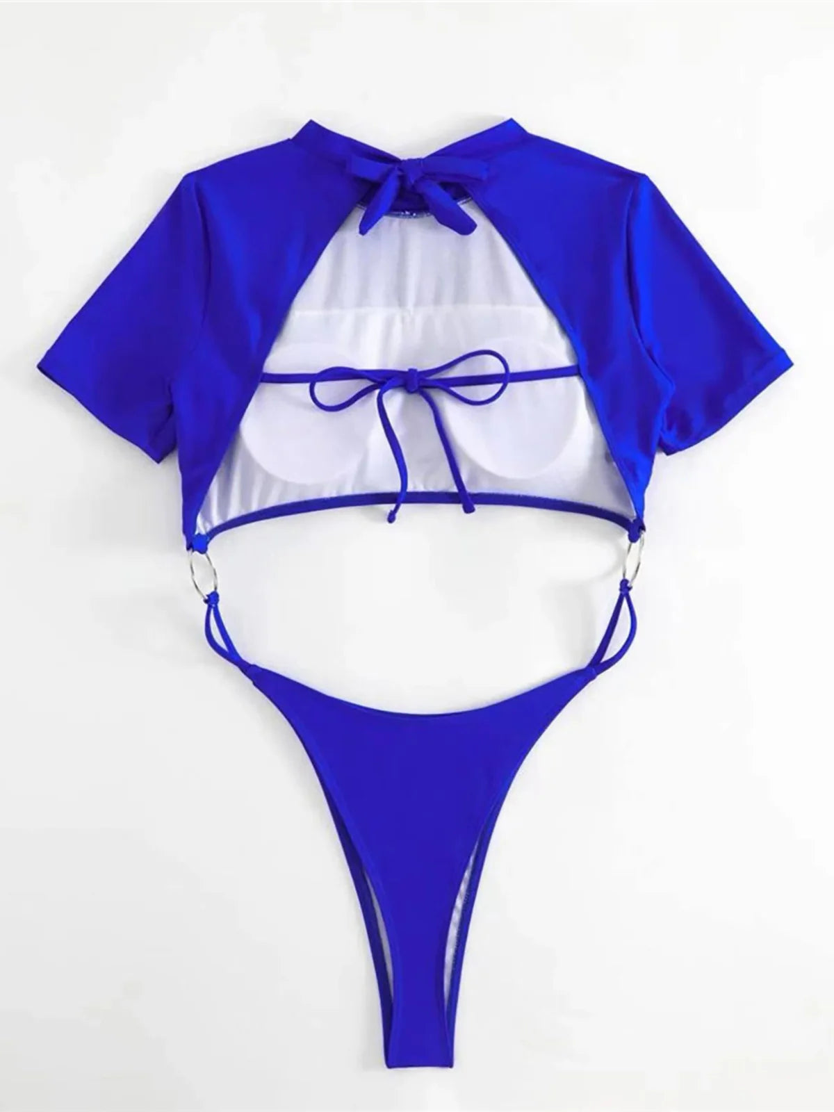 Damen Badeanzug Micro Tanga Cut-Out Monokini Kurzarm 9 Farben