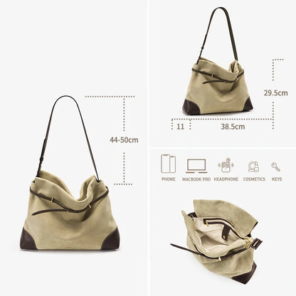 Beige Wildlederhandtasche mit langen Trägern, Innenfächern und geräumigem Taschenraum
