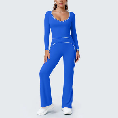 Blaues Damen Yoga-Set: Vorderansicht mit Langarm-Top mit Cut-out und fließenden Leggings