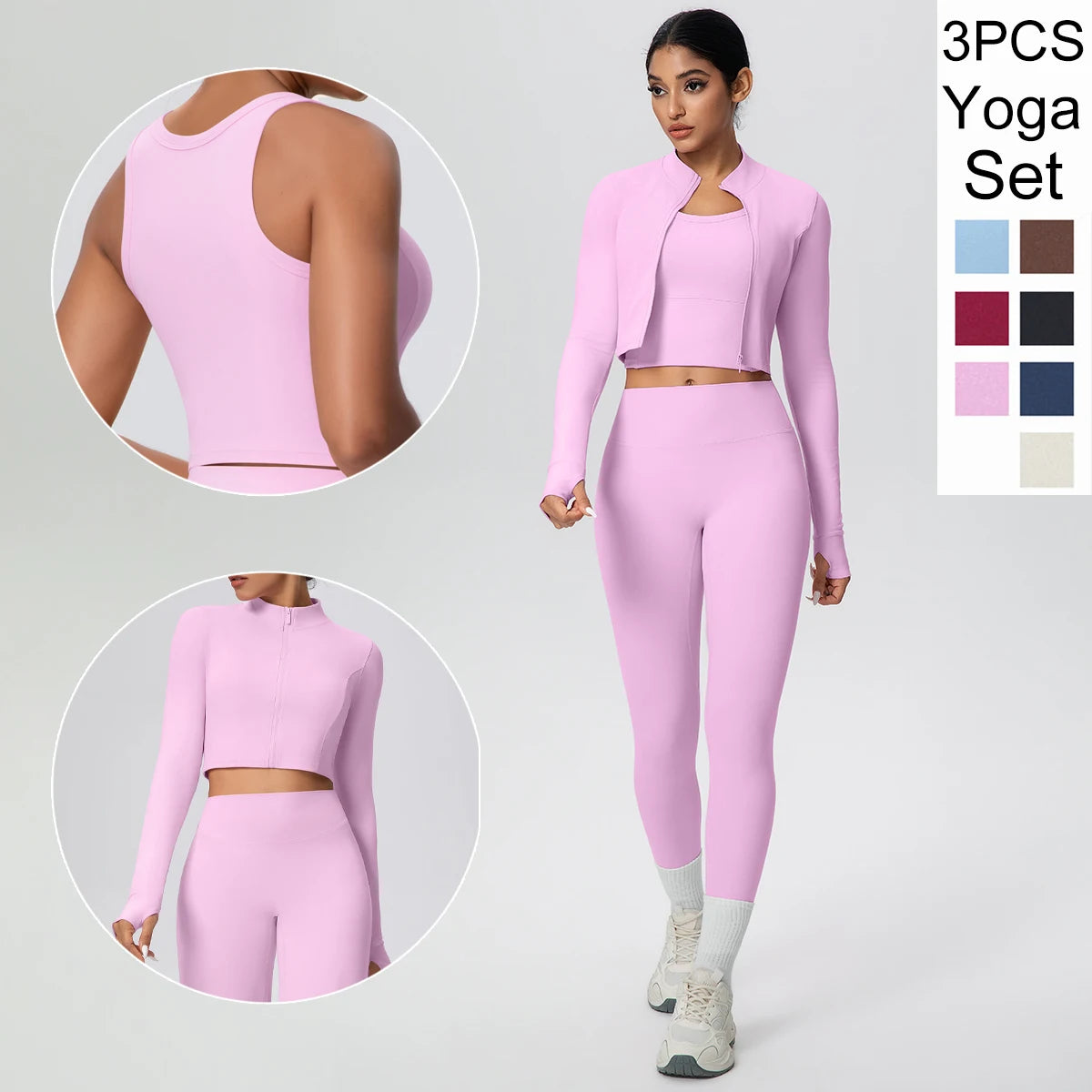 Rosa Yoga-Set: Zip-Top mit kurzem Schnitt und High-Waist-Leggings, langarm