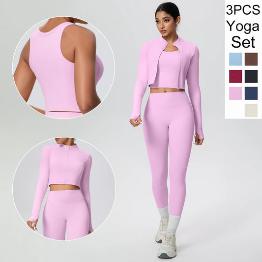 Rosa Yoga-Set: Zip-Top mit kurzem Schnitt und High-Waist-Leggings, langarm