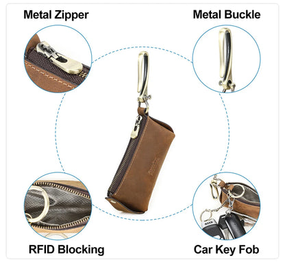 Braunes Leder-Schlüssel-Etui mit Metall-Reißverschluss und Karabinerhaken.