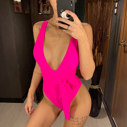Damen-Badeanzug tiefer V-Ausschnitt Wickel Verband rückenfrei Monokini