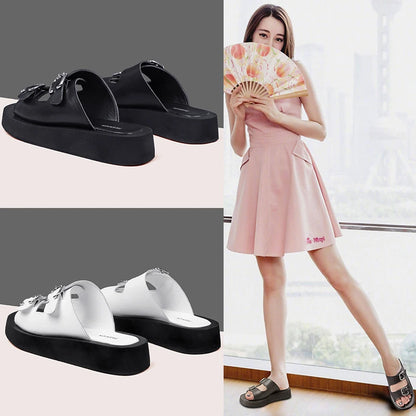 2025 frauen Hausschuhe Sommer Echtes Leder Rutschen Frauen Fashion Square taste Flache Sandalen Damen Outdoor Casual Flip-Flops