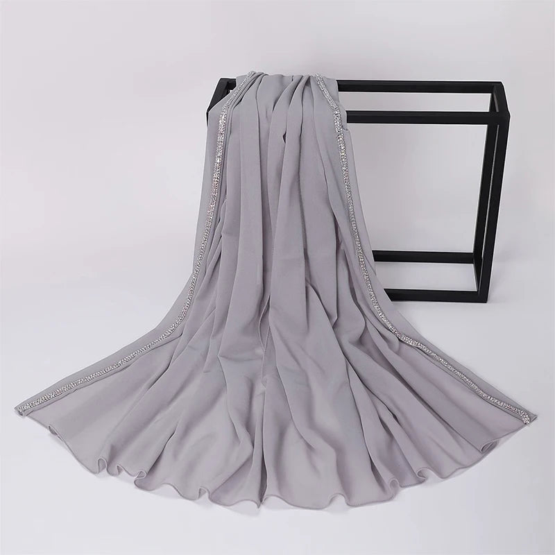 Damen Chiffon Hijab Schal Perlen Strass Glitzer Stirnband Foulard muslimisch