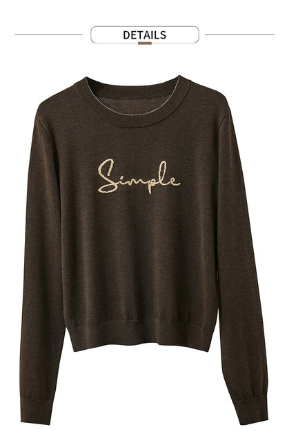 Langarm-T-Shirt in Braun mit Rundhalsausschnitt und „Simple“-Schriftzug (Detailsansicht)