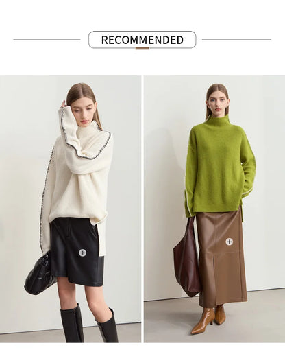 Damen-Rollkragenpullover Wolle Stickerei locker Weihnachten Winter