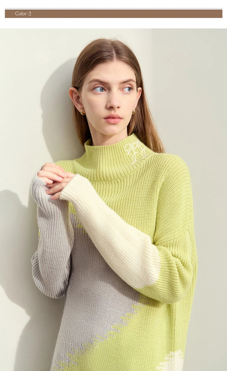 Damen-Rollkragenpullover Stickerei locker Winter Wolle-Mix