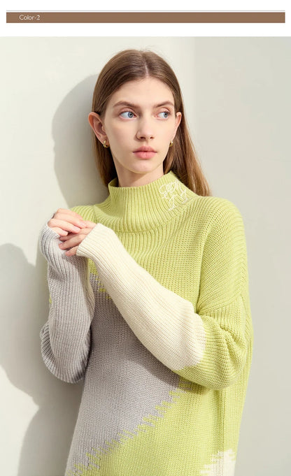 Damen-Rollkragenpullover Stickerei locker Winter Wolle-Mix