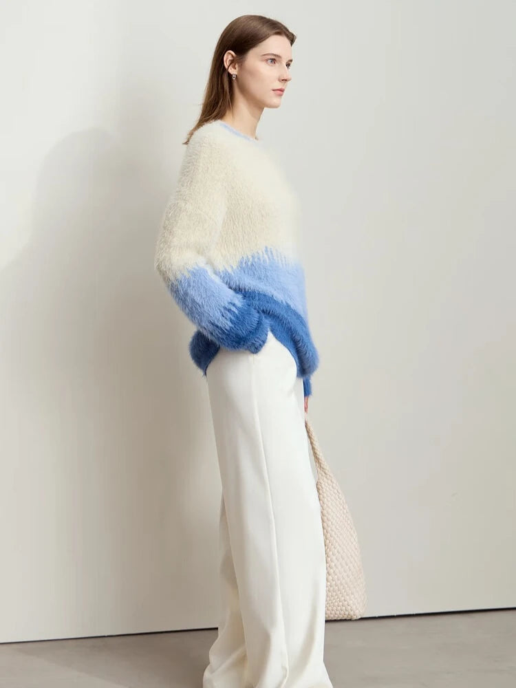 AMII Damenpullover in Hellbeige mit blauem Farbverlauf, O-Ausschnitt, lange Ärmel