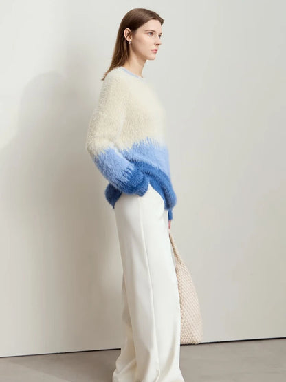 AMII Damenpullover in Hellbeige mit blauem Farbverlauf, O-Ausschnitt, lange Ärmel