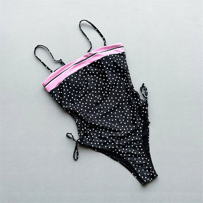 Damen Badeanzug Punkte Spleiß Schnürung hoher Beinausschnitt Monokini
