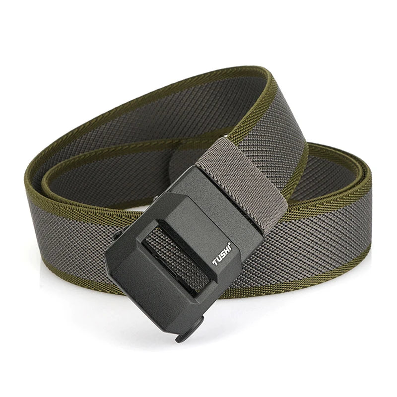 Unisex-Gürtel aus elastischem Nylon mit mattschwarzer Schnalle in 38 mm Breite und Tragekomfort