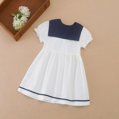 Baby Mädchen Kleid mit Marineblau Kragen Schleife Sommer Kinder Baumwolle Kleidung Kleinkind Outfit für Mädchen 2-6 Jahre