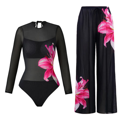 Damen Badeanzug Blumen Print Langarm mit Hose Einteiler Schwimmanzug