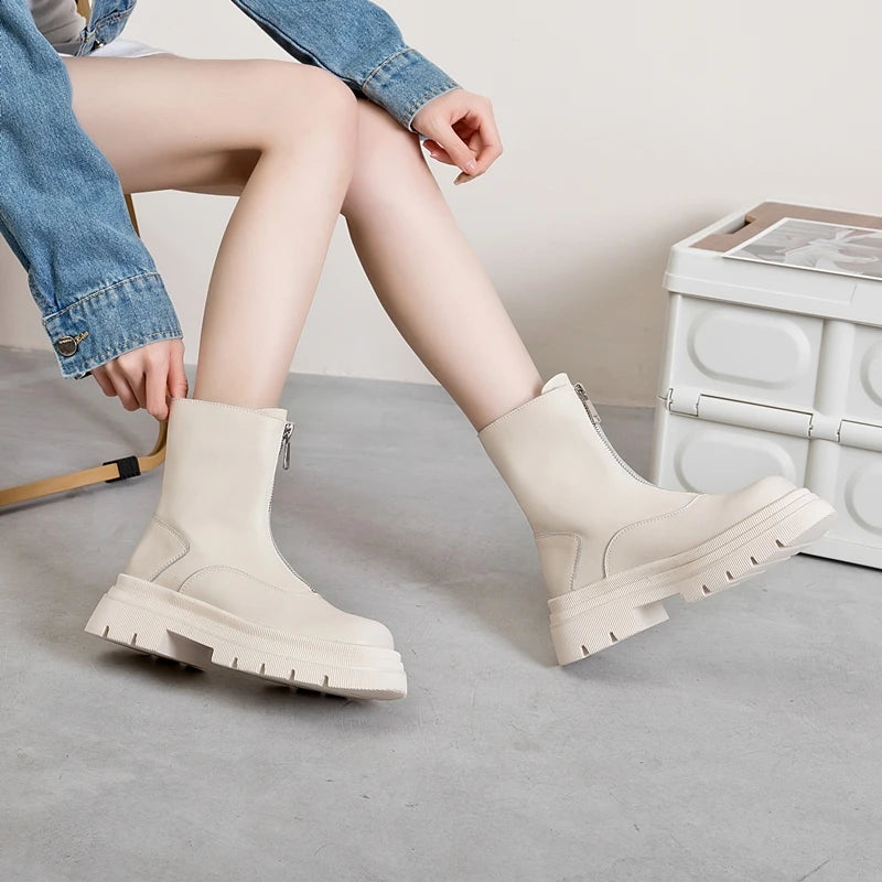 Beige Damen-Chelsea-Stiefeletten aus Leder mit kurzem Reißverschluss und Profilsohle