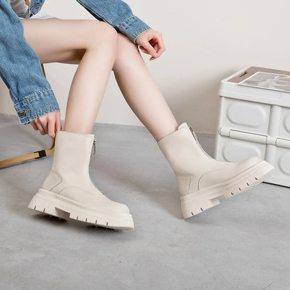 Beige Damen-Chelsea-Stiefeletten aus Leder mit kurzem Reißverschluss und Profilsohle