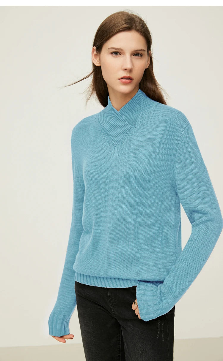 Damen-Strickpullover mit Stehkragen, hellblauer Ton, langarm, locker