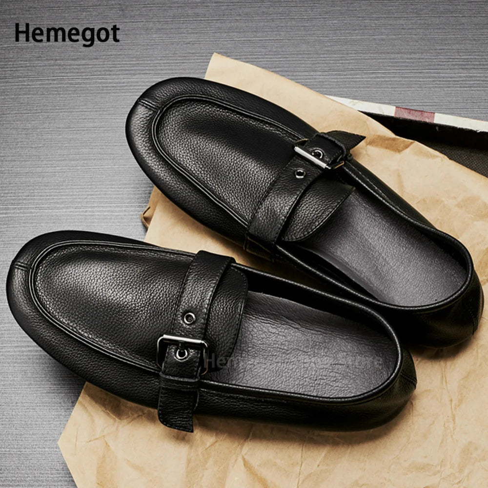 Herren-Slipper mit Schnallenriemen, schwarzes strukturiertes Leder