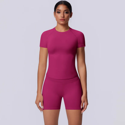 Damen-Yoga-Set mit kurzärmeligem T-Shirt und Shorts, pink/violett