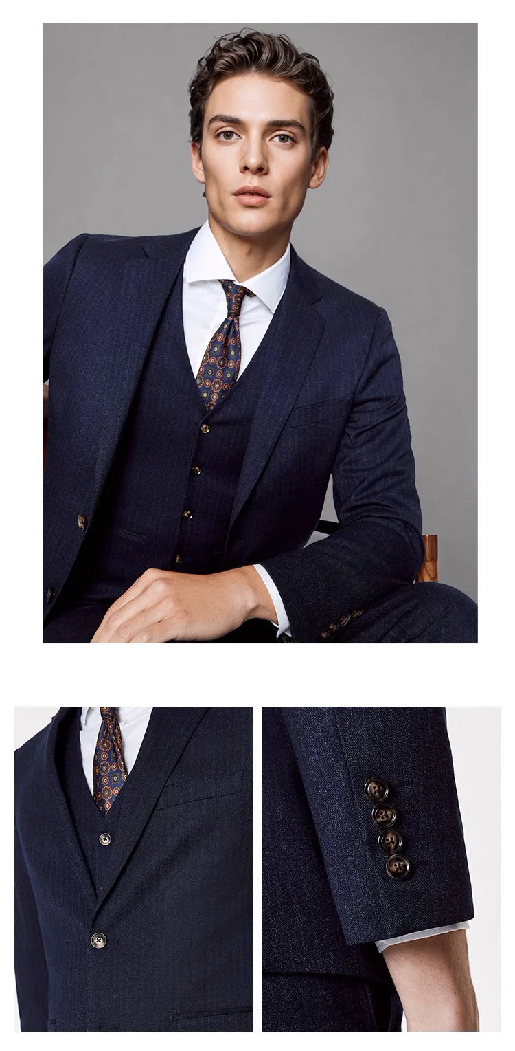Elegante Herren-Anzughose in Tiefblau mit Streifenmuster – Slim Fit im koreanischen Stil für Büro und Hochzeit, auch in großen Größen erhältlich.