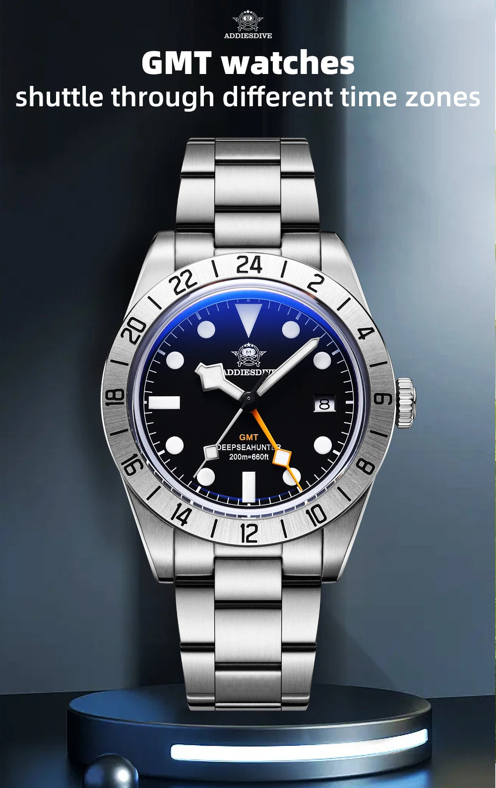 Herren-GMT-Taucheruhr mit Swiss-Ronda-Werk und Bubble-Glas