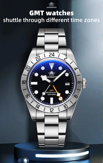 Herren-GMT-Taucheruhr mit Swiss-Ronda-Werk und Bubble-Glas